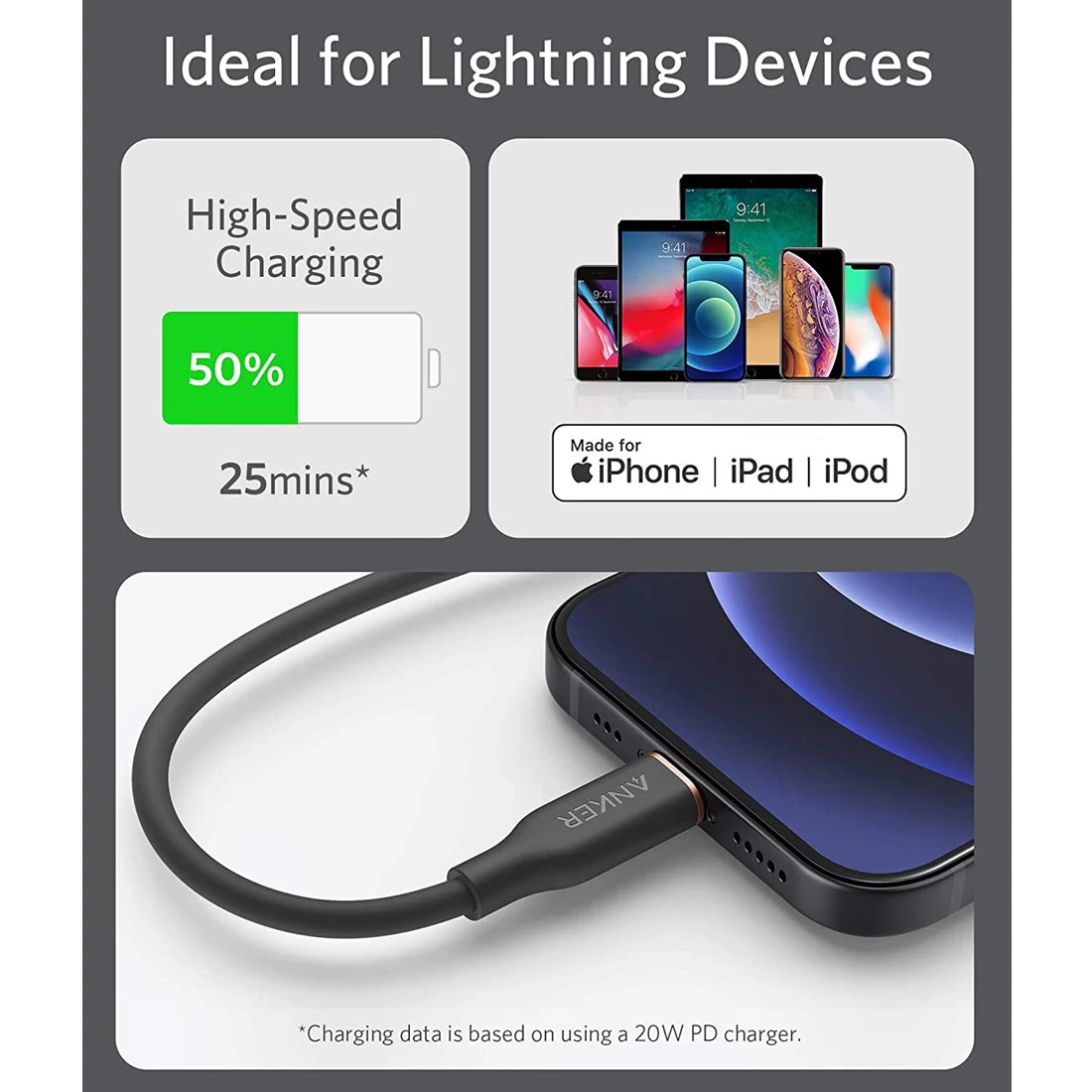 Anker 641 USB-C To Lightning Cable (Powerline III Flow, 6ft Silicone) - Black 3 Anker 641 USB-C To Lightning Cable (Powerline III Flow, 6ft Silicone) - Black - Image 3